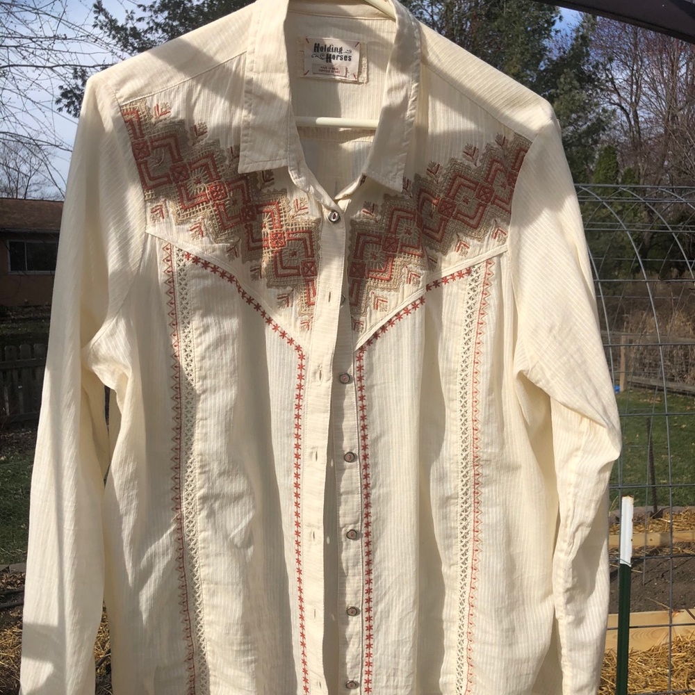 Anthropology cowboy button up. Size L.